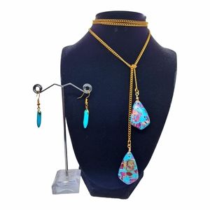 Double dangle gemstone lariat pendant necklace